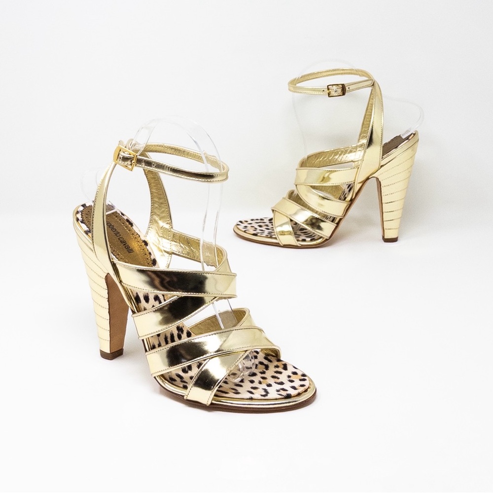 Roberto Cavalli Vintage Y2K Gold Metallic Leopard Strappy Sandal Heels EU 39